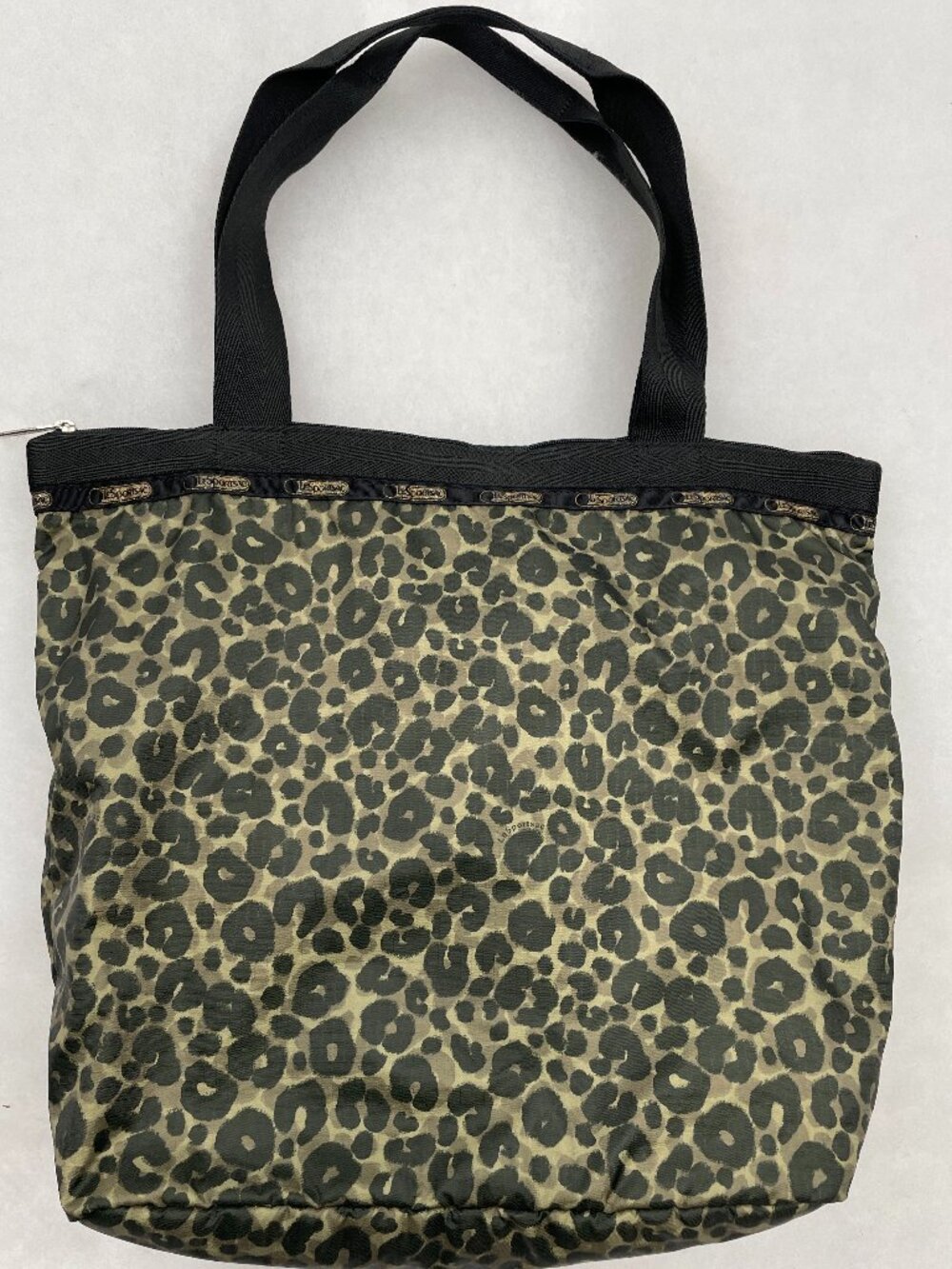 LeSportsac Everygirl Tote Bag Olive Green Grey Leopard Print Nylon Zip Top